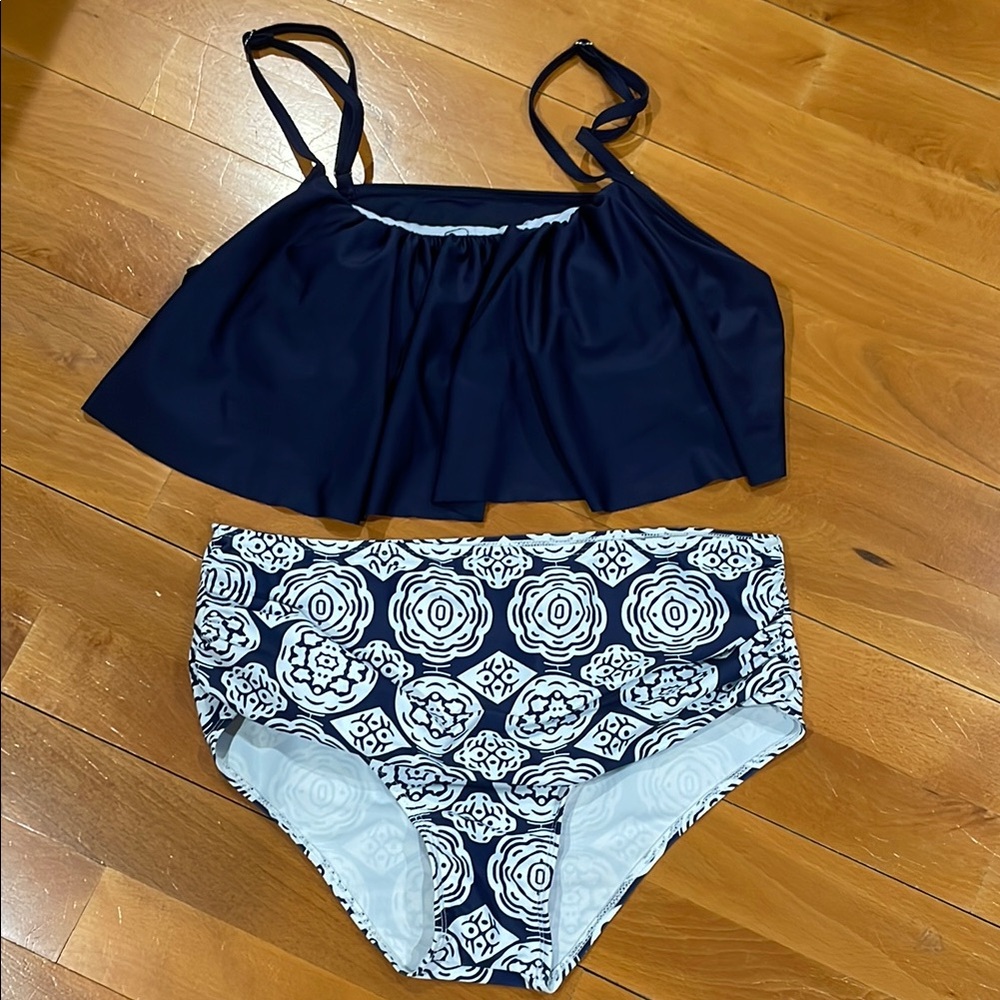 Navy and White Two-Piece Swimsuit